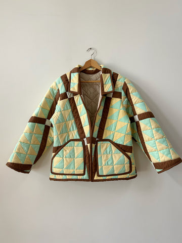 Quilt Jacket - Brown, Seafoam, Pale Yellow - Reversible - Hand Made - (S/M)