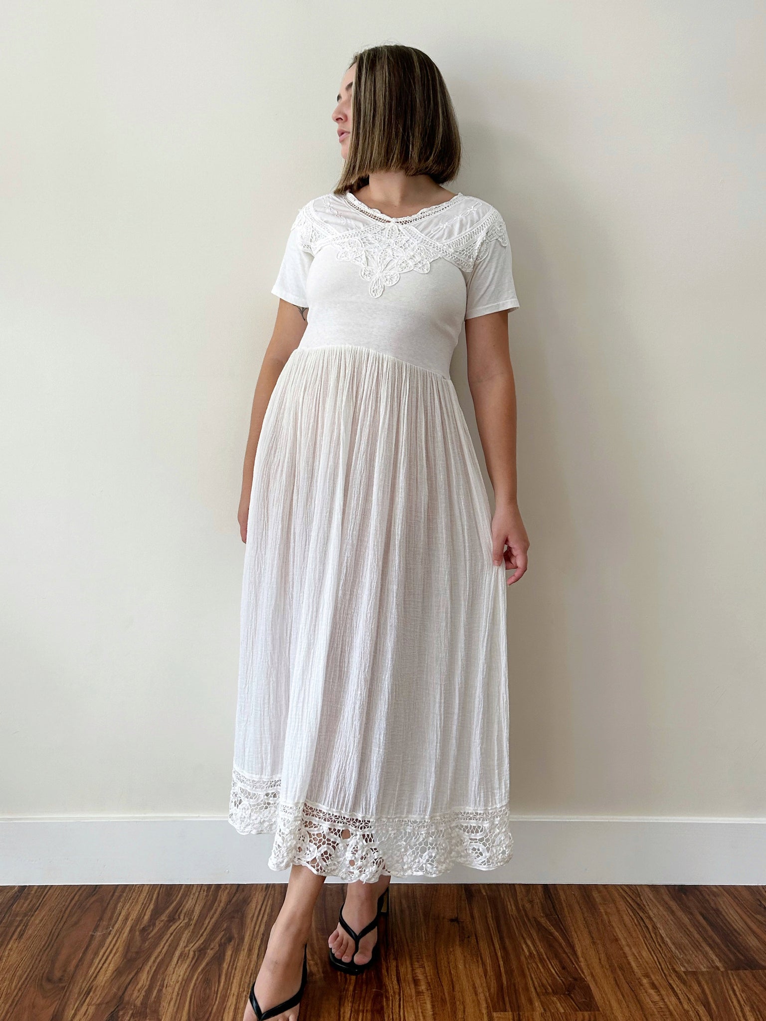 Vintage White Cotton Gauze Maxi Dress