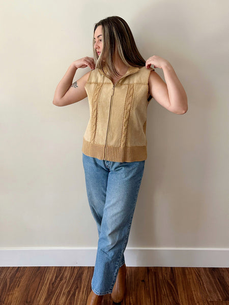 Tan Suede and Knit Zipper Vest