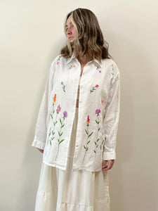 White Linen Embroidered Floral Blouse