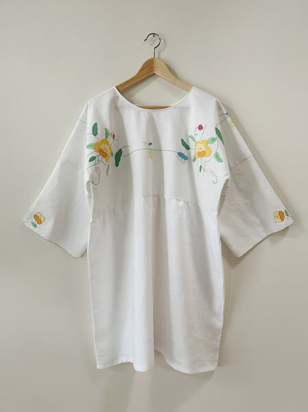 Baby Doll Dress - Floral Appliqué - Hand Crafted - White Linen