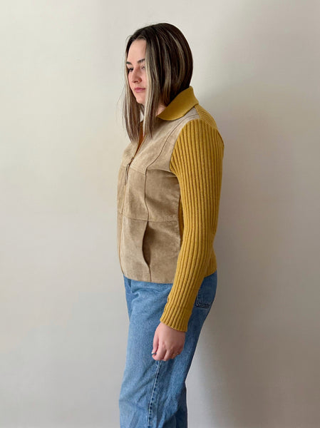 Taupe Suede & Mustard Knit Zipper Jacket