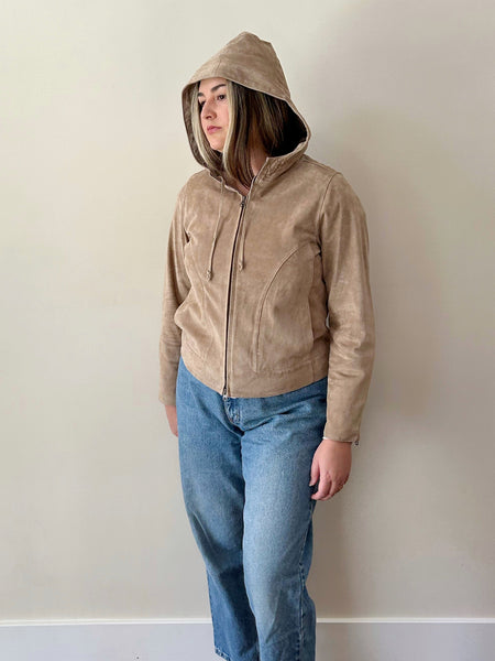 Beige Suede Hooded Zipper Jacket