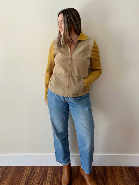 Taupe Suede & Mustard Knit Zipper Jacket