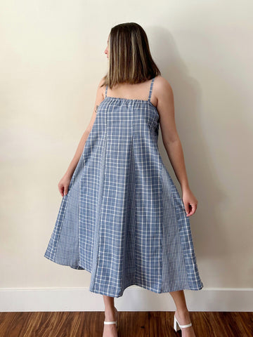 Swirl Dress - Midi - Hand Crafted - Blue Plaid Cotton