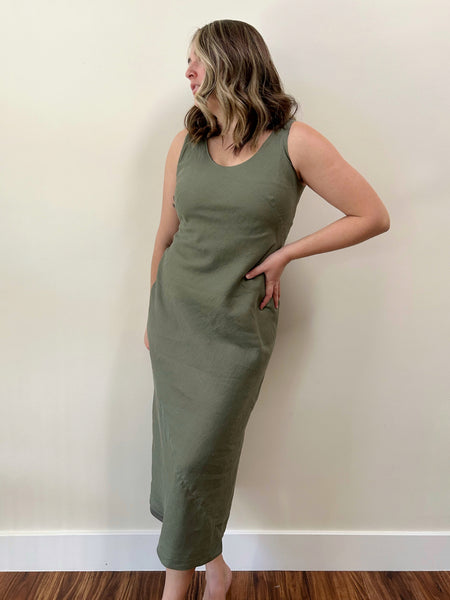 Olive Linen Bias Cut Dress