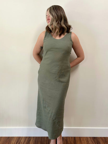 Olive Linen Bias Cut Dress