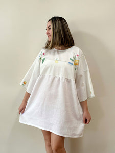 Baby Doll Dress - Floral Appliqué - Hand Crafted - White Linen