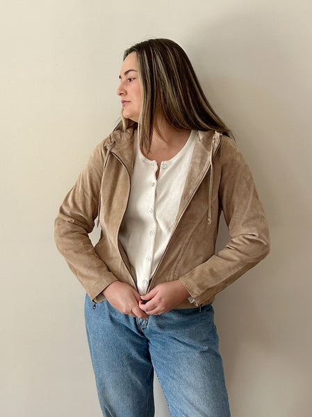 Beige Suede Hooded Zipper Jacket