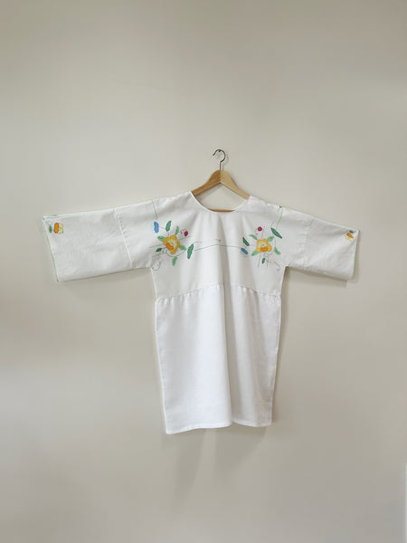 Baby Doll Dress - Floral Appliqué - Hand Crafted - White Linen