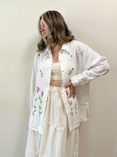 White Linen Embroidered Floral Blouse