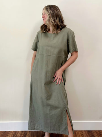 Olive Linen Boxy Maxi Dress