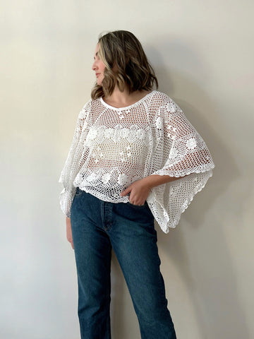 Wide Sleeve Goddess Top - Hand Crafted - White Cotton Crochet