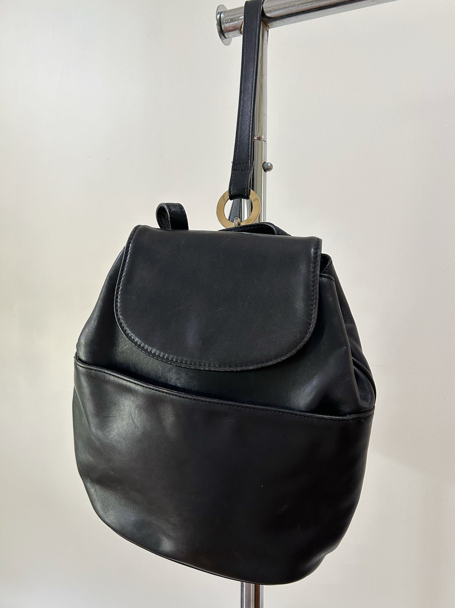 Black Single Shoulder Back Pack - Genuine Leather