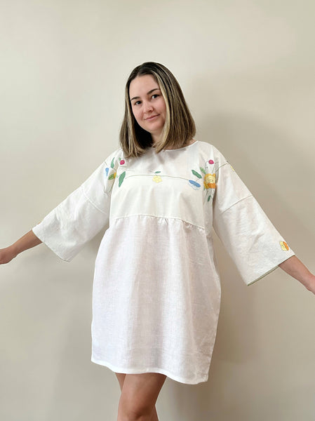 Baby Doll Dress - Floral Appliqué - Hand Crafted - White Linen