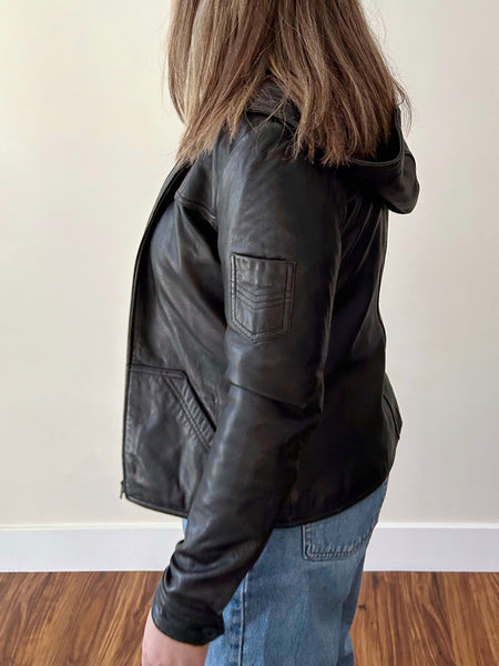 Black Leather Hooded Zipper Jacket