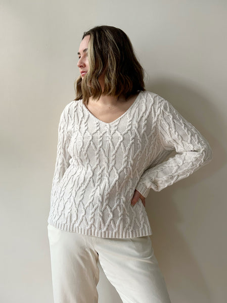 White Cable Knit Cotton Sweater