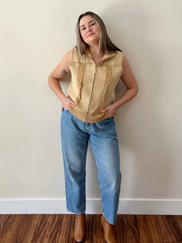 Tan Suede and Knit Zipper Vest