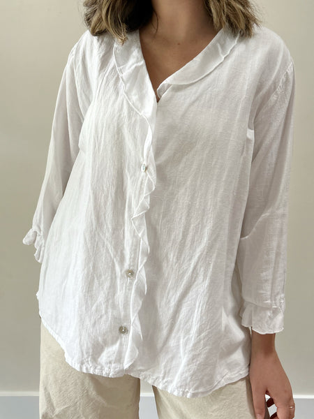 White Linen Ruffle Blouse