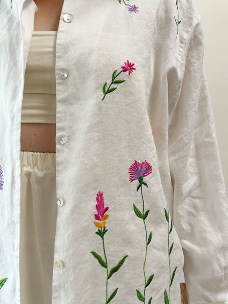 White Linen Embroidered Floral Blouse