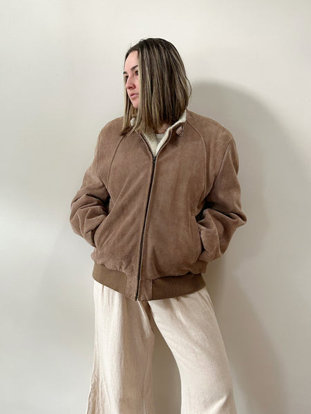 Suede Sherpa Lined Bomber Jacket