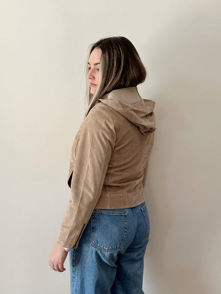 Beige Suede Hooded Zipper Jacket