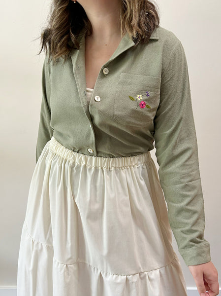 Sage Raw Silk Embroidered Blouse