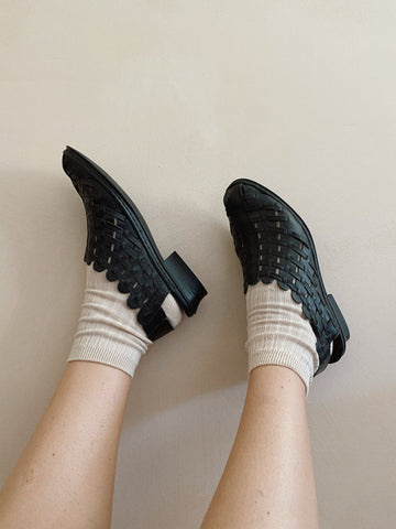 Black Woven Leather Sling-backs