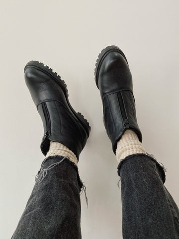 Black Leather Sherpa Lined Ankle Boots